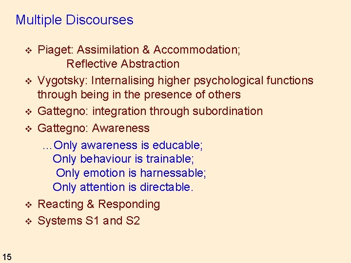 Multiple Discourses v v v 15 Piaget: Assimilation & Accommodation; Reflective Abstraction Vygotsky: Internalising