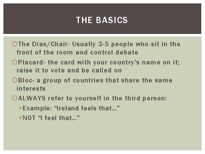 THE BASICS The Dias/Chair- Usually 3 -5 people who sit in the front of
