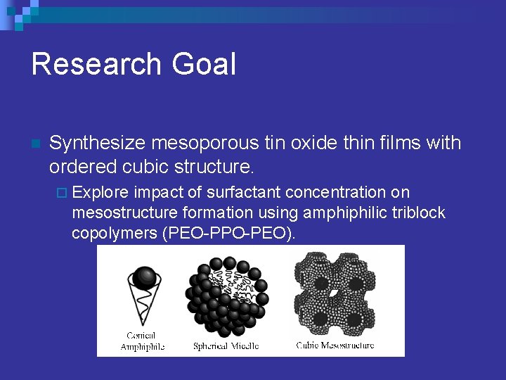 Research Goal n Synthesize mesoporous tin oxide thin films with ordered cubic structure. ¨