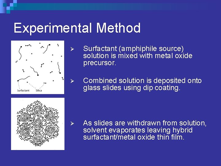 Experimental Method Ø Surfactant (amphiphile source) solution is mixed with metal oxide precursor. Ø
