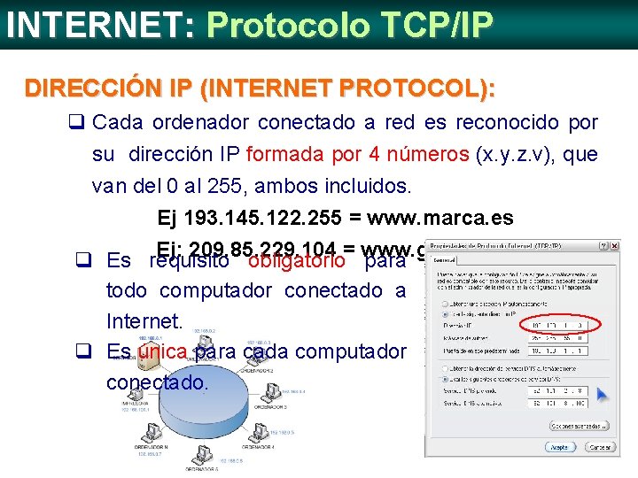 INTERNET: Protocolo TCP/IP DIRECCIÓN IP (INTERNET PROTOCOL): q Cada ordenador conectado a red es