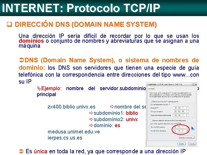 INTERNET: Protocolo TCP/IP q DIRECCIÓN DNS (DOMAIN NAME SYSTEM) Una dirección IP sería difícil