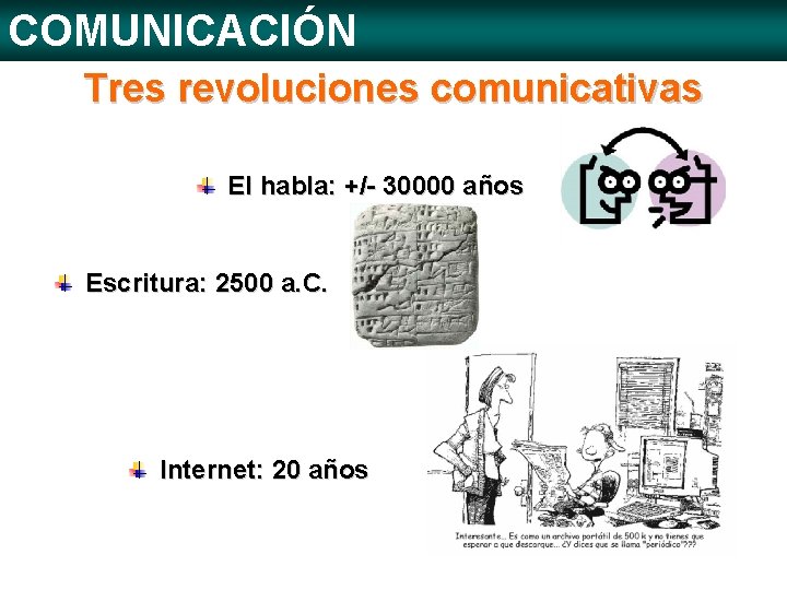 COMUNICACIÓN Tres revoluciones comunicativas El habla: +/- 30000 años Escritura: 2500 a. C. Internet: