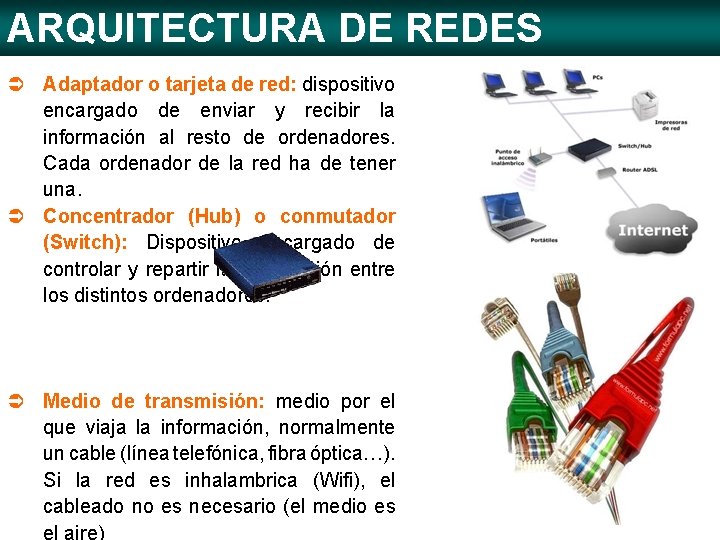 ARQUITECTURA DE REDES Ü Adaptador o tarjeta de red: dispositivo encargado de enviar y