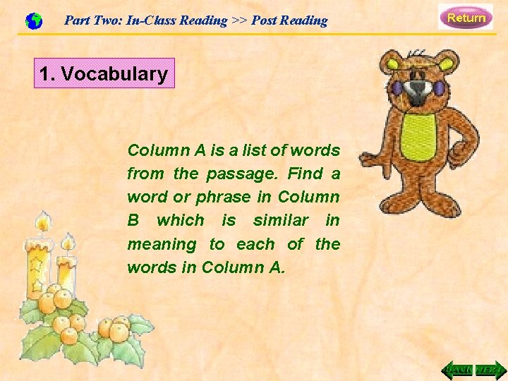 Part Two: In-Class Reading >> Post Reading 1. Vocabulary Column A is a list