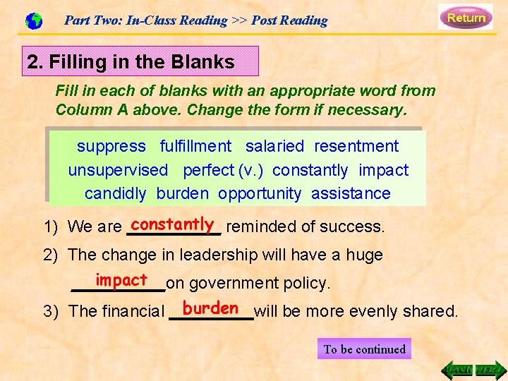 Part Two: In-Class Reading >> Post Reading 2. Filling in the Blanks Fill in