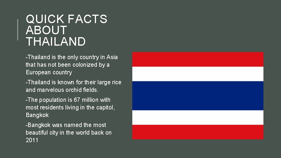 QUICK FACTS ABOUT THAILAND -Thailand is the only country in Asia that has not