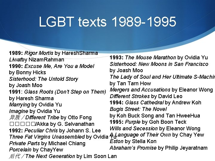 LGBT texts 1989 -1995 1989: Rigor Mortis by Haresh. Sharma 1993: The Mouse Marathon