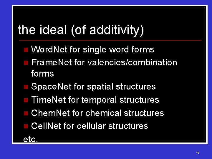 the ideal (of additivity) Word. Net for single word forms n Frame. Net for