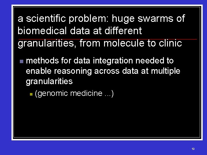 a scientific problem: huge swarms of biomedical data at different granularities, from molecule to