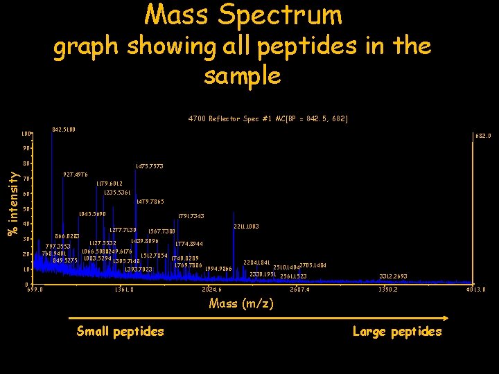 Mass Spectrum graph showing all peptides in the sample 4700 Reflector Spec #1 MC[BP