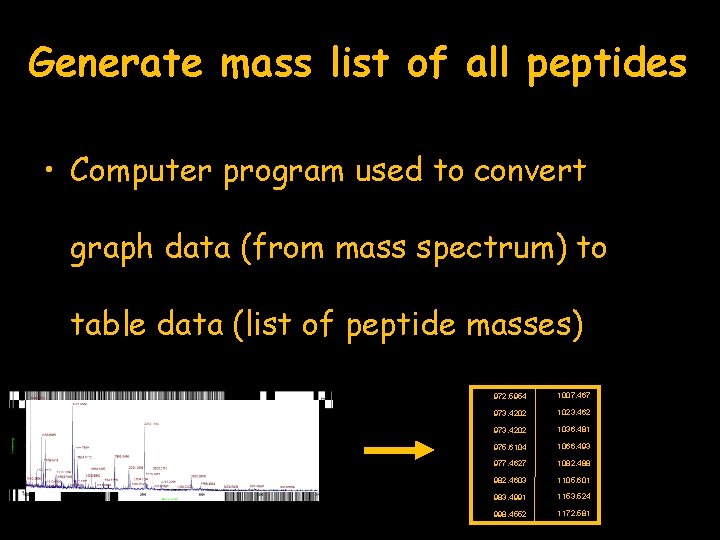 Generate mass list of all peptides • Computer program used to convert graph data