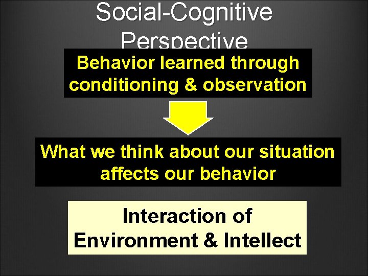 Social-Cognitive Perspective Behavior learned through conditioning & observation What we think about our situation