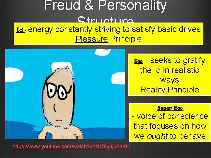 Freud & Personality Structure Id - energy constantly striving to satisfy basic drives Pleasure