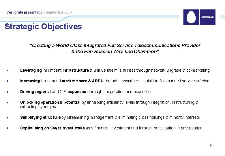 Corporate presentation September 2007 Strategic Objectives “Creating a World Class Integrated Full Service Telecommunications