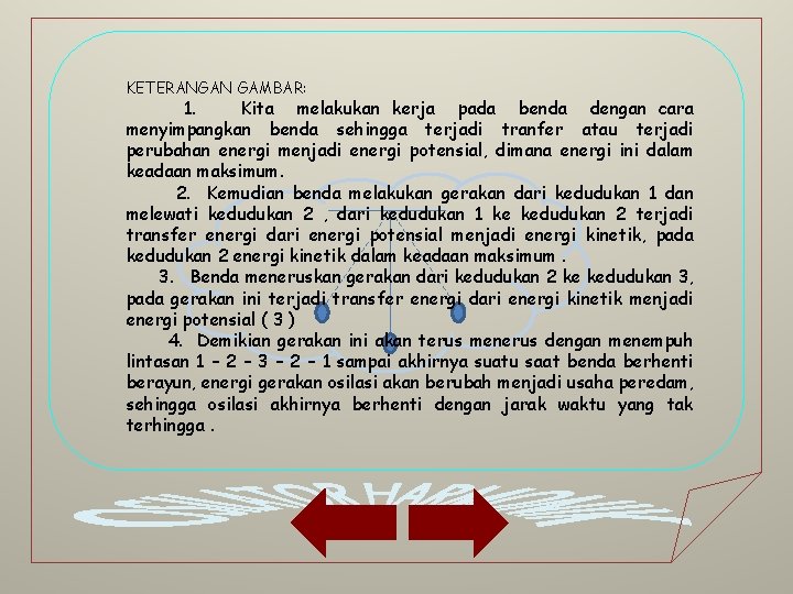 KETERANGAN GAMBAR: 1. Kita melakukan kerja pada benda dengan cara menyimpangkan benda sehingga terjadi