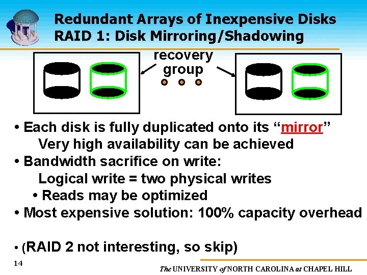 Redundant Arrays of Inexpensive Disks RAID 1: Disk Mirroring/Shadowing recovery group • Each disk