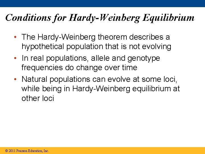 Conditions for Hardy-Weinberg Equilibrium • The Hardy-Weinberg theorem describes a hypothetical population that is