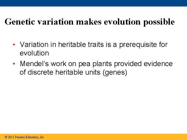 Genetic variation makes evolution possible • Variation in heritable traits is a prerequisite for