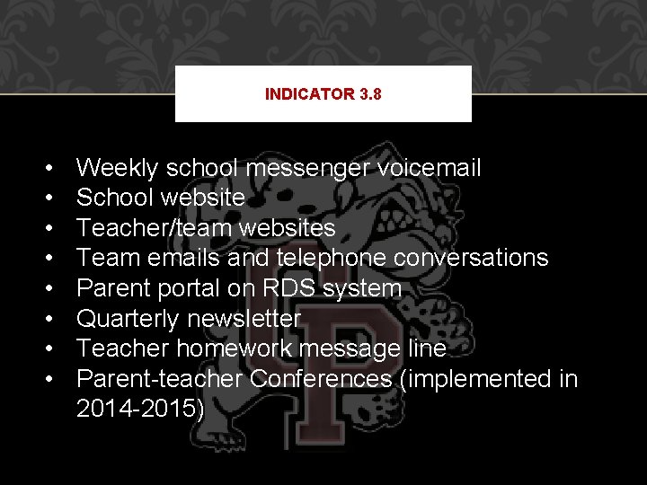 INDICATOR 3. 8 • • Weekly school messenger voicemail School website Teacher/team websites Team