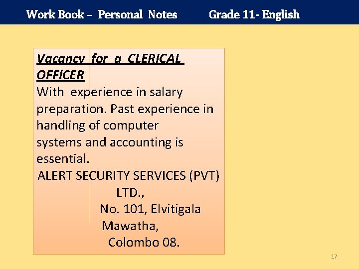 Work Book – Personal Notes Grade 11 - English Vacancy for a CLERICAL OFFICER