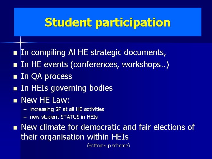 Student participation n n In compiling Al HE strategic documents, In HE events (conferences,