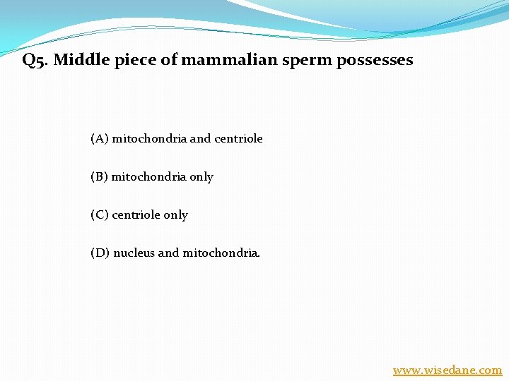 Q 5. Middle piece of mammalian sperm possesses (A) mitochondria and centriole (B) mitochondria