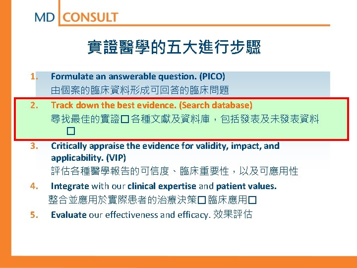 實證醫學的五大進行步驟 1. Formulate an answerable question. (PICO) 由個案的臨床資料形成可回答的臨床問題 2. Track down the best evidence.