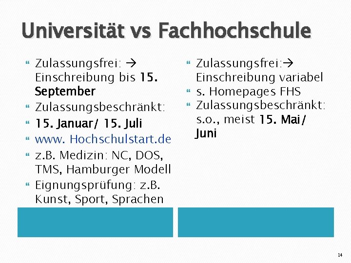 Universität vs Fachhochschule Zulassungsfrei: Einschreibung bis 15. September Zulassungsbeschränkt: 15. Januar/ 15. Juli www.