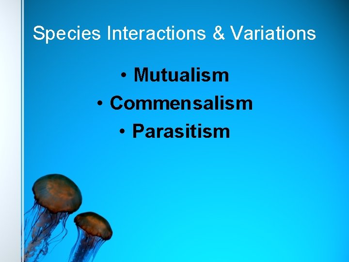 Species Interactions & Variations • Mutualism • Commensalism • Parasitism 