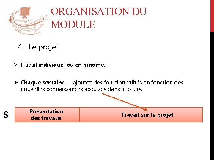 ORGANISATION DU MODULE 4. Le projet Ø Travail individuel ou en binôme. Ø Chaque