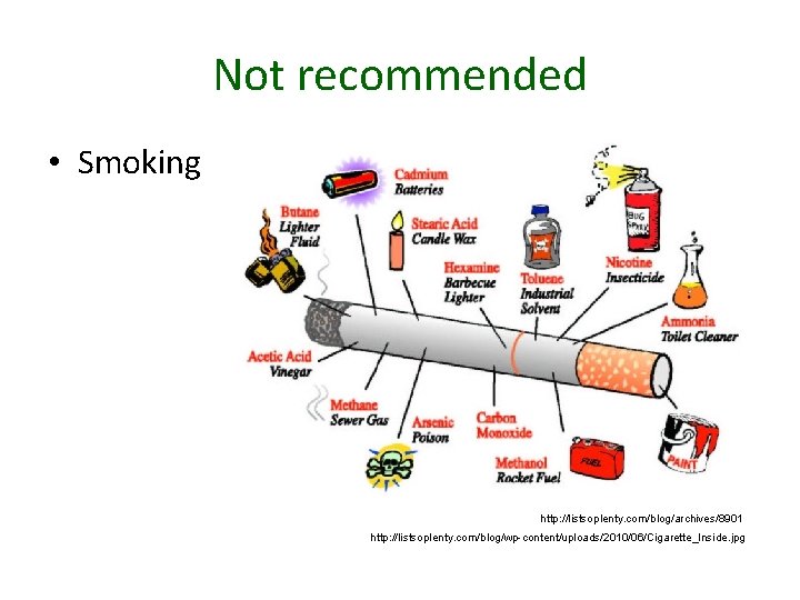 Not recommended • Smoking http: //listsoplenty. com/blog/archives/8901 http: //listsoplenty. com/blog/wp-content/uploads/2010/06/Cigarette_Inside. jpg 