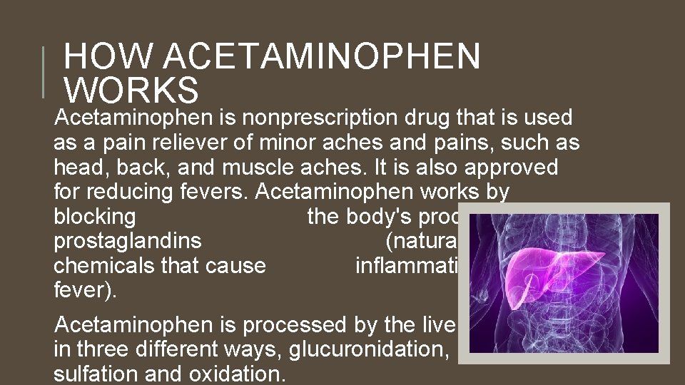 HOW ACETAMINOPHEN WORKS Acetaminophen is nonprescription drug that is used as a pain reliever