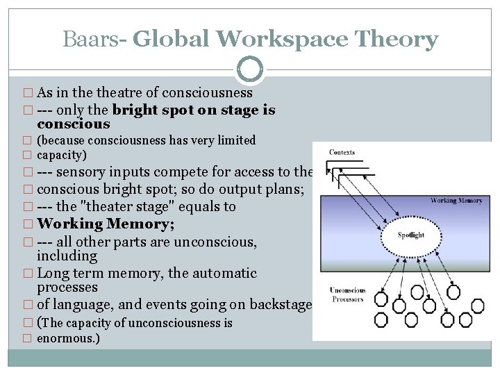 Baars- Global Workspace Theory � As in theatre of consciousness � --- only the