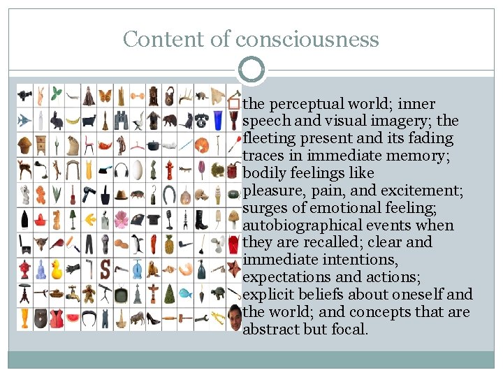 Content of consciousness � the perceptual world; inner speech and visual imagery; the fleeting