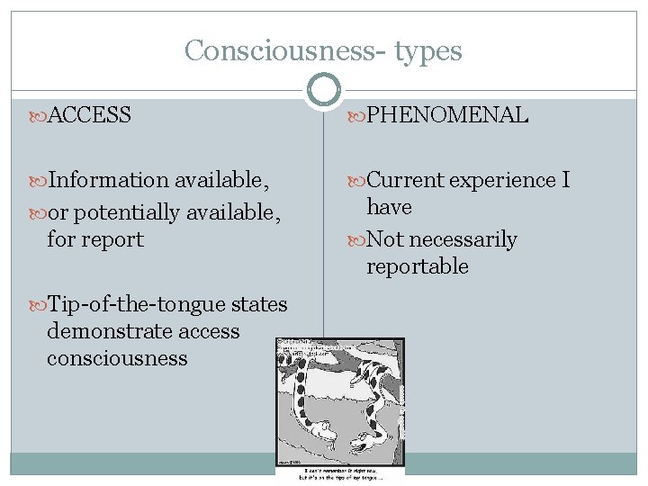 Consciousness- types ACCESS PHENOMENAL Information available, Current experience I or potentially available, have Not