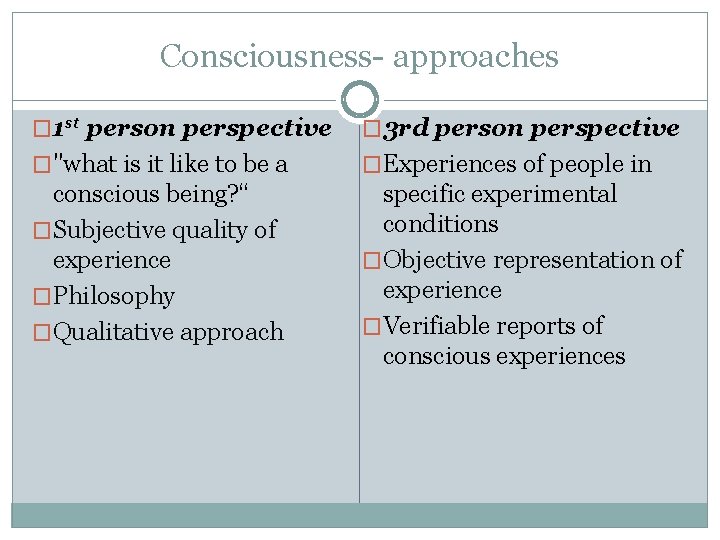 Consciousness- approaches � 1 st person perspective � 3 rd person perspective �"what is