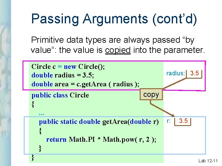 Passing Arguments (cont’d) Primitive data types are always passed “by value”: the value is