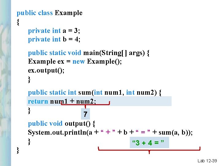 public class Example { private int a = 3; private int b = 4;