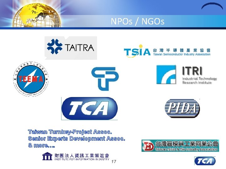 NPOs / NGOs Taiwan Turnkey-Project Assoc. Senior Experts Development Assoc. & more…. 17 