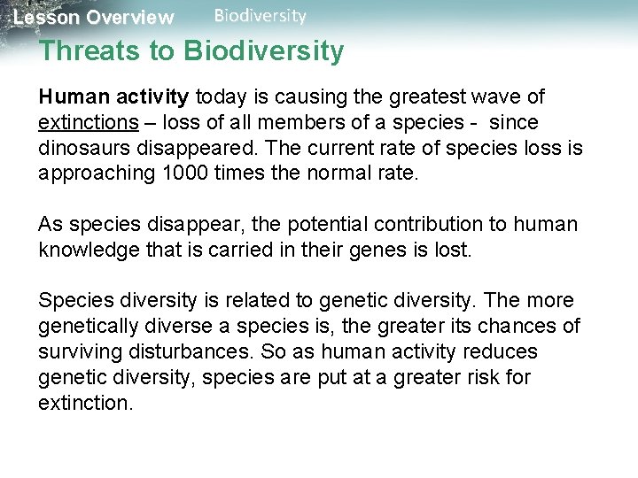 Lesson Overview Biodiversity Threats to Biodiversity Human activity today is causing the greatest wave