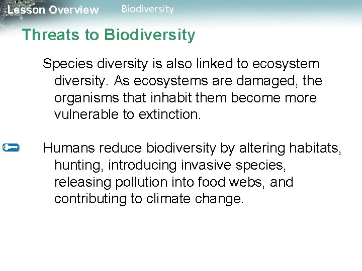 Lesson Overview Biodiversity Threats to Biodiversity Species diversity is also linked to ecosystem diversity.