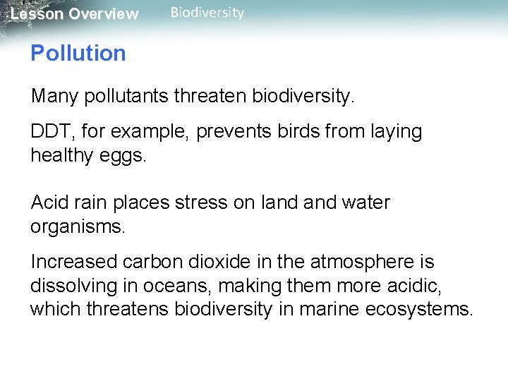 Lesson Overview Biodiversity Pollution Many pollutants threaten biodiversity. DDT, for example, prevents birds from Lesson Overview Biodiversity Pollution Many pollutants threaten biodiversity. DDT, for example, prevents birds from