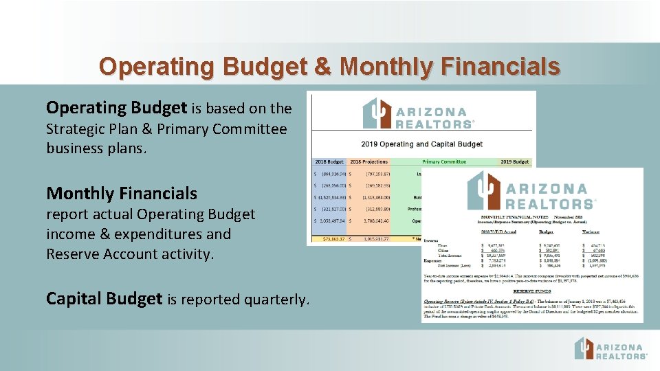 Operating Budget & Monthly Financials Operating Budget is based on the Strategic Plan &