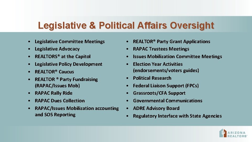 Legislative & Political Affairs Oversight • • • Legislative Committee Meetings Legislative Advocacy REALTORS®