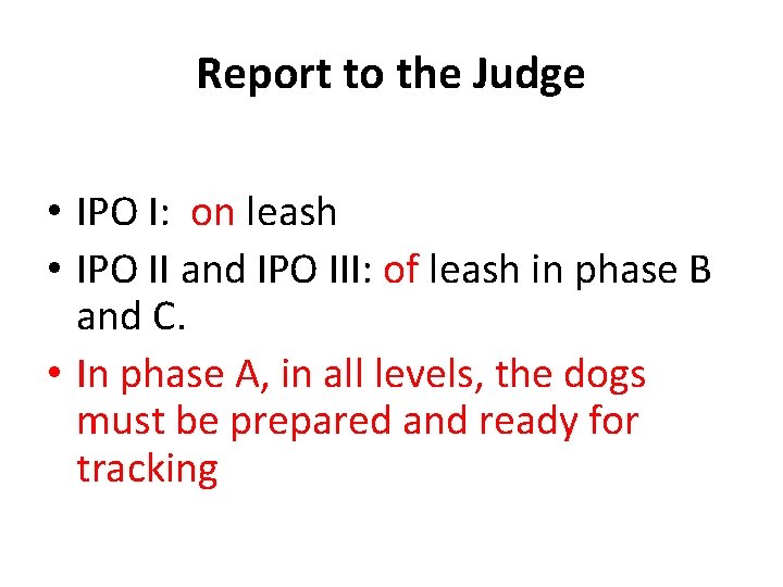 Report to the Judge • IPO I: on leash • IPO II and IPO