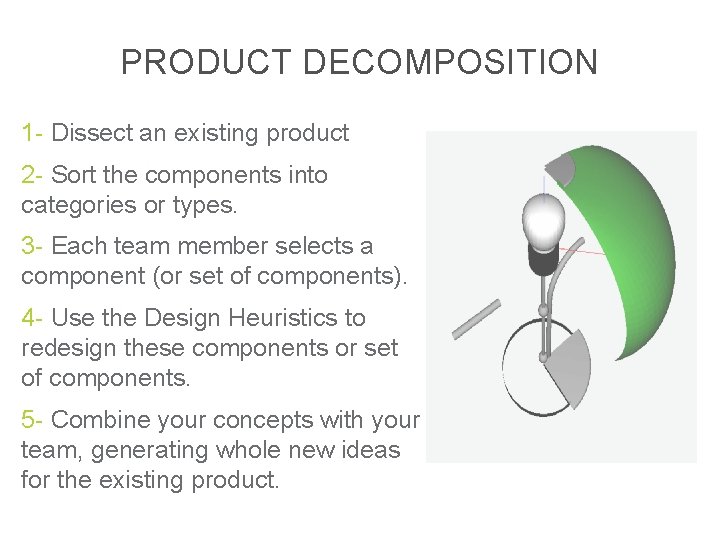 PRODUCT DECOMPOSITION 1 - Dissect an existing product 2 - Sort the components into