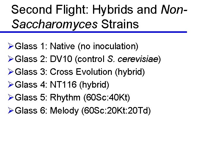 Second Flight: Hybrids and Non. Saccharomyces Strains ØGlass 1: Native (no inoculation) ØGlass 2: