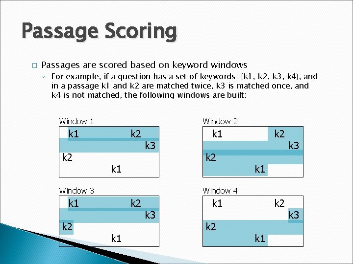 Passage Scoring � Passages are scored based on keyword windows ◦ For example, if