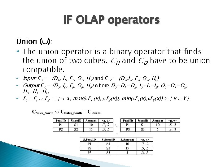 IF OLAP operators Union ( ): The union operator is a binary operator that